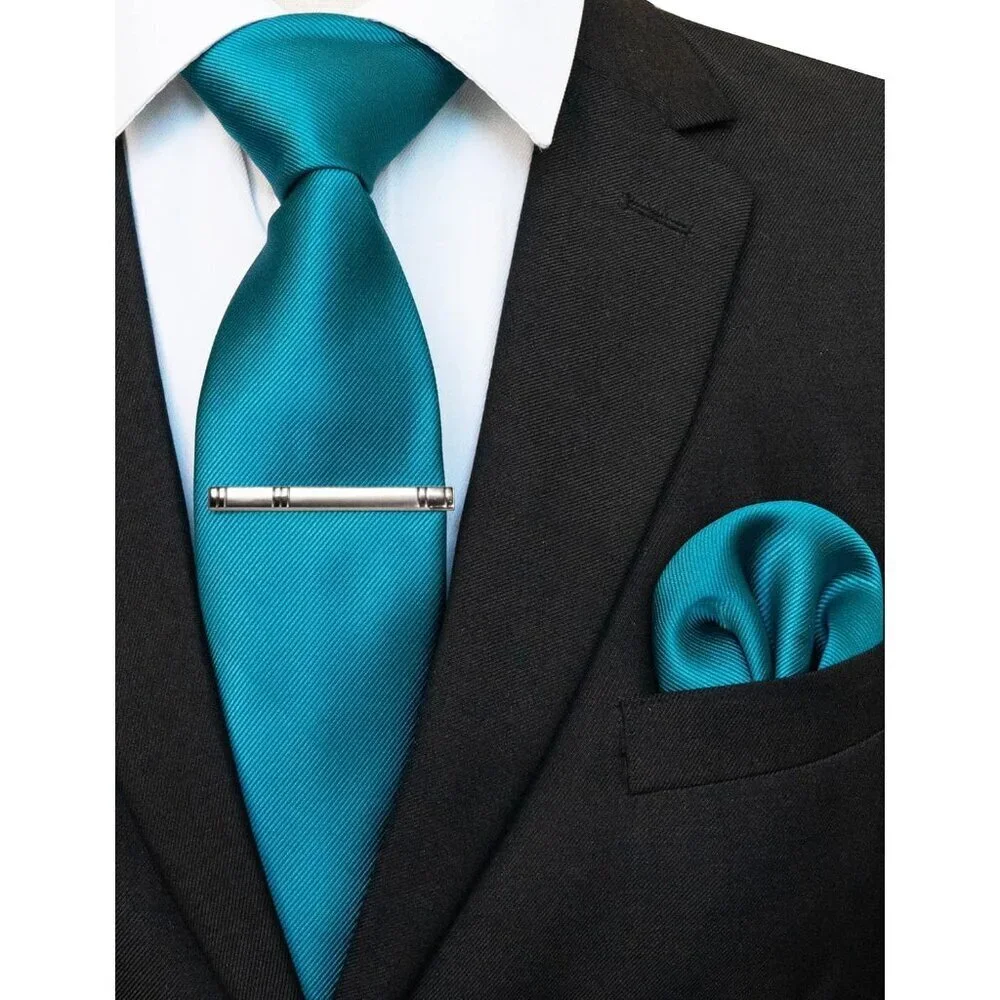 Men's Teal Colour Formal Necktie and Pocket Square Tie Clip Sets